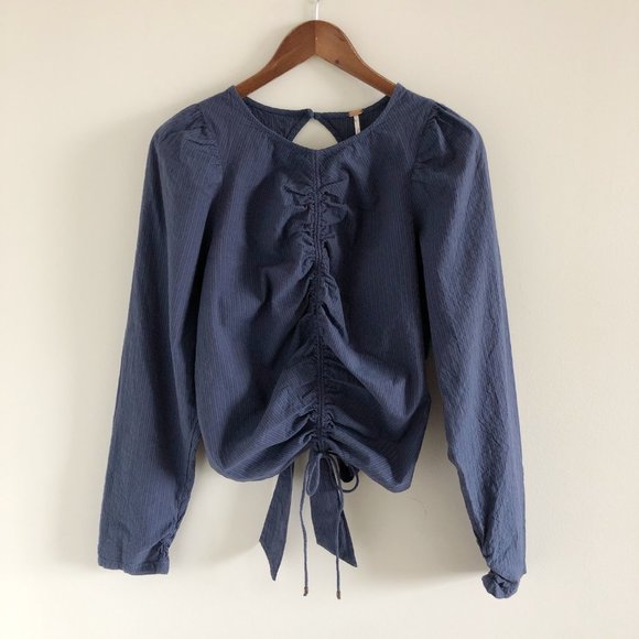 Free People Tops - Free People Poplin Open Back Puff Statement Sleeve Blouse XL Blue